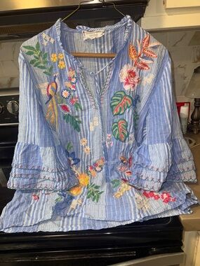 JOHNNY WAS. Embroidery Blue Stripe Peasant Blouse - Women